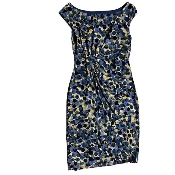 Dressbarn Signature Sadie Dress 8 Blue Purple Circle Sleeveless Ruched Stretch - Picture 6 of 7